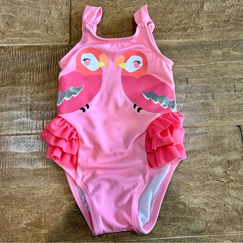Gymboree Toddler Girls Birds Ruffle One Piece Swimsuit Pink Size 12-18 M EUC